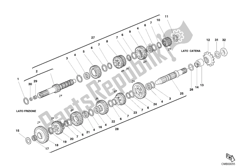 All parts for the Gear Box of the Ducati Superbike 999 R 2004